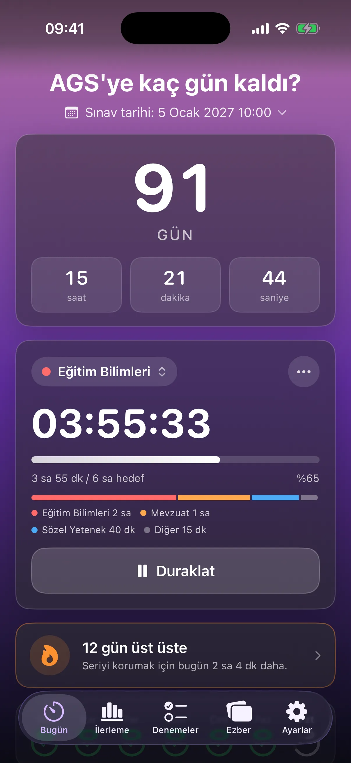 Bugün ekranı: sınava kalan gün, çalışan sayaç ve derslere göre dağılım
