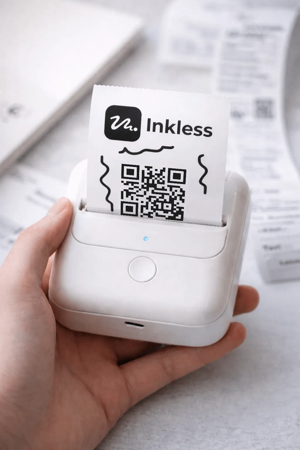 Elde tutulan beyaz bir mini termal yazıcı, üzerinde Inkless logosu ve QR kodu olan bir fiş basıyor